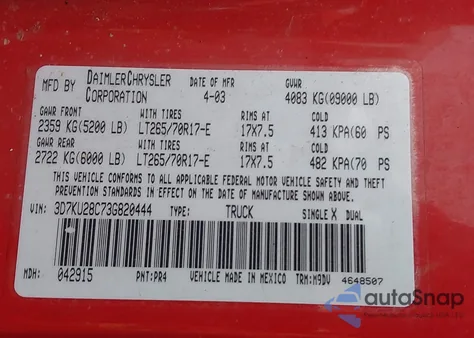 2003 Dodge Ram 2500 Slt/Laramie/St from USA, damaged, VIN 3D7KU28C73G820444